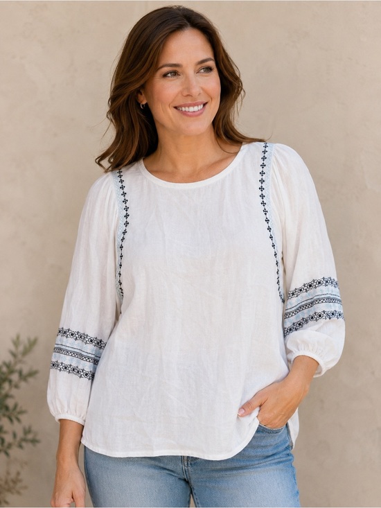 J. Jill Tops - J. Jill Embroidered Boho Peasant Blouse 3/4 Sleeve Large Folk Coastal Flowy